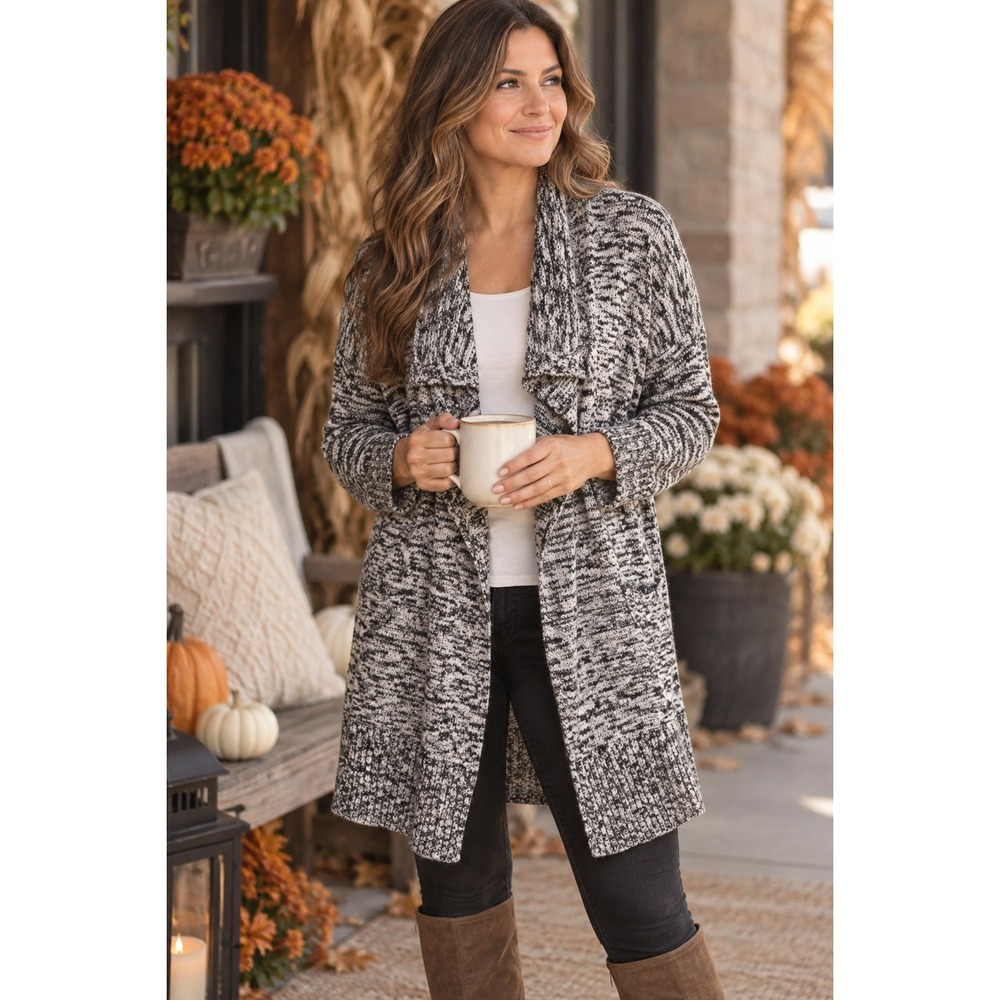Eileen Fisher Knit Open Front Long Drape Cardigan Sweater Black Marled Large